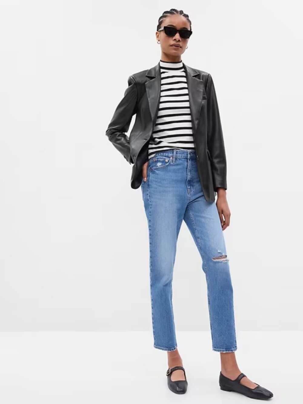 GAP Black Vegan Leather Slim Fit Fitted Single Breasted Blazer, Size XS
